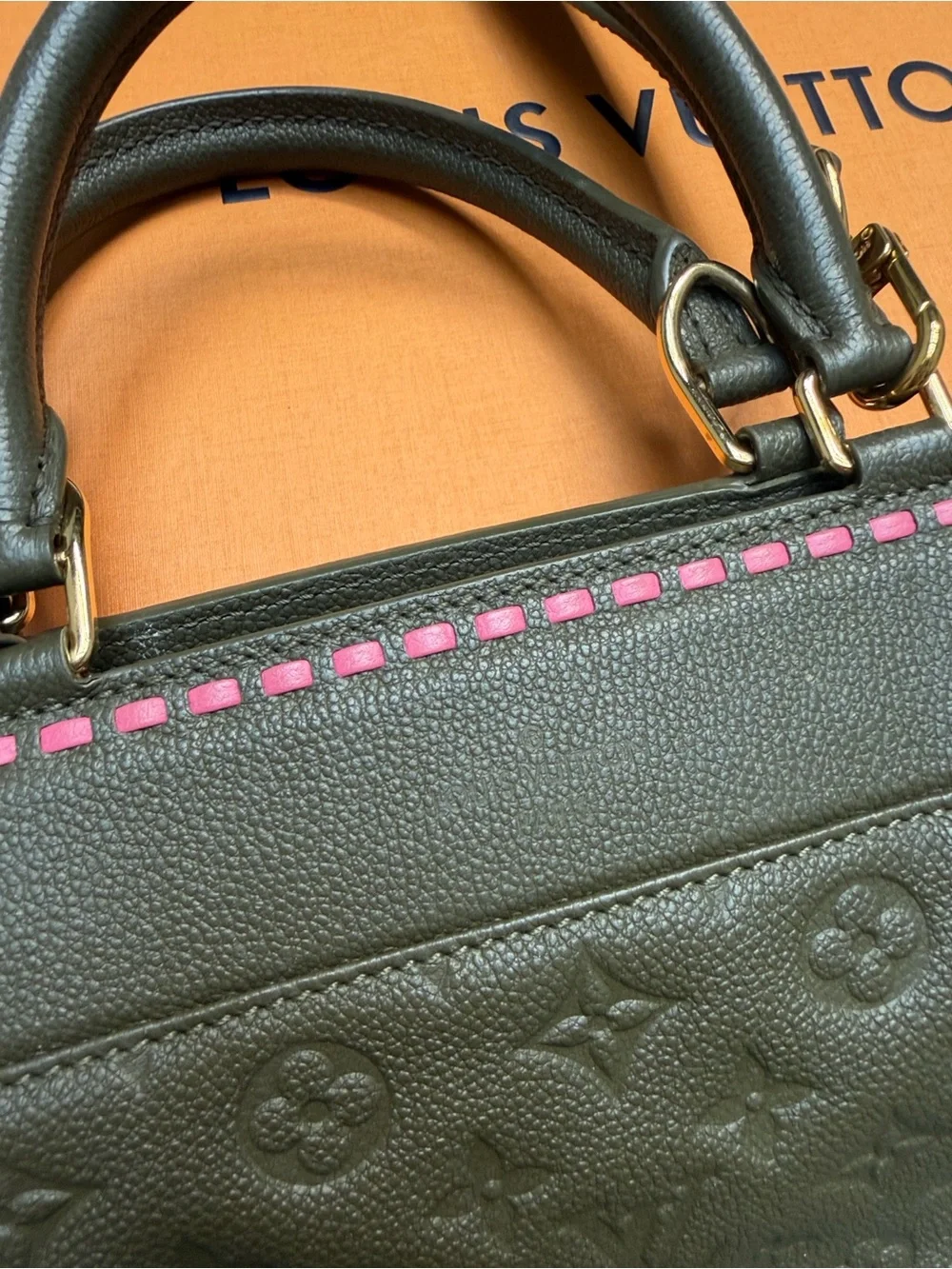 Louis Vuitton Olive Green Monogram Empreinte Satchel with Pink Accent